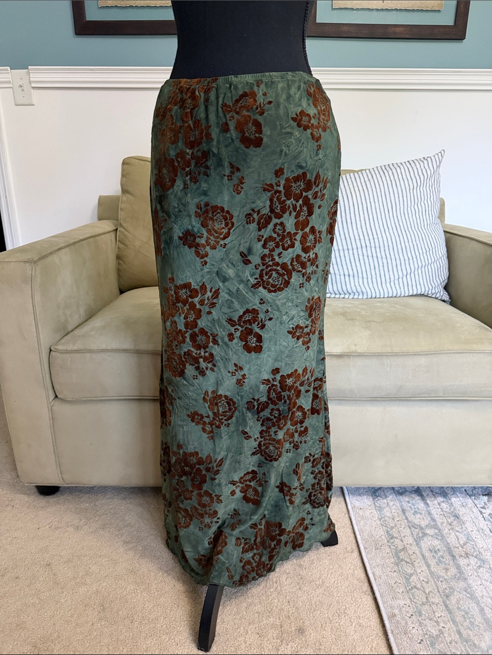 Cider Olive Green Maxi Skirt with Brown Floral Burnout